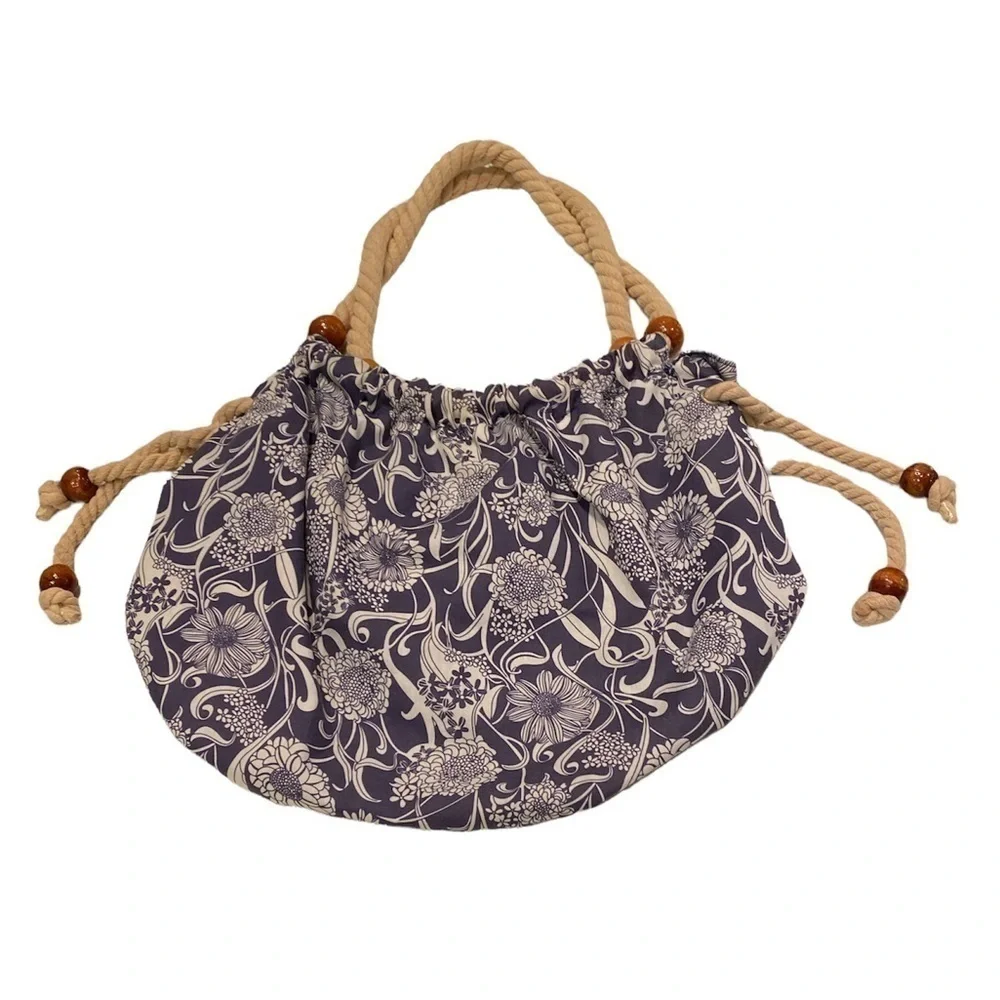 Charming Charlie Cloth Resort Summer Bag Twisted Rope Handles and Wood Beads